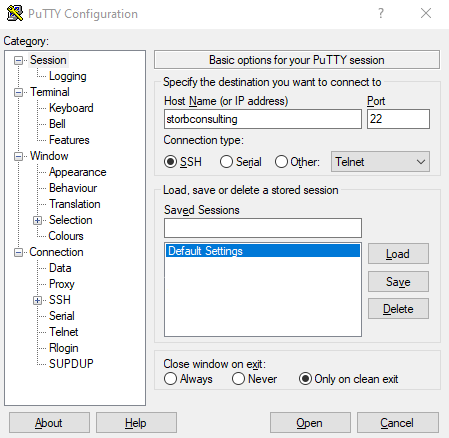 PuTTY Konfiguration Host Name und Port Einstellungen