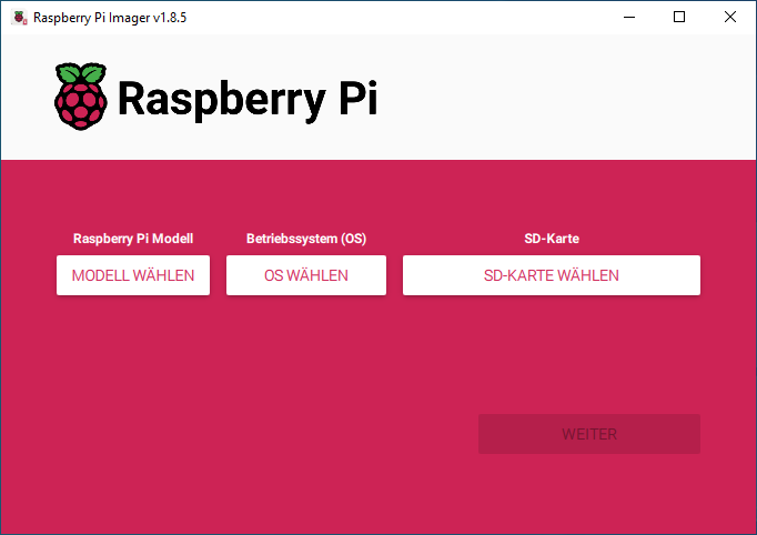 Raspberry Pi Imager Startbildschirm