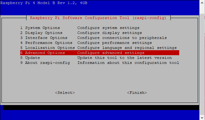 Raspberry Pi Configuration Advanced Options Menü