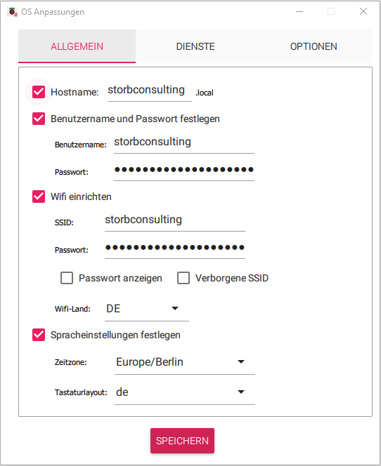 Raspberry Pi OS Einstellungen Hostname und WLAN