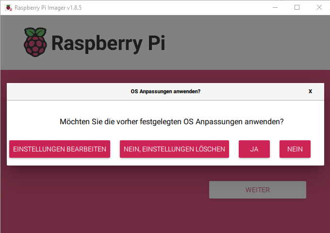 Raspberry Pi OS Anpassungen anwenden Bestätigung